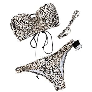 NWT Victoria’s Secret Cheetah Print Lace-up Back Bandeau Bikini 32b & S